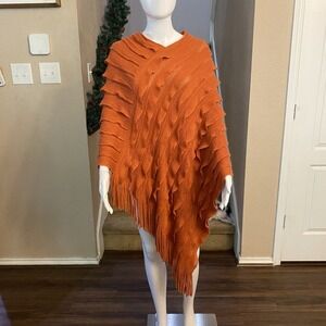 Max Edition Orange Knit Poncho Shawl Fringe One Size Acrylic Asymmetrical
